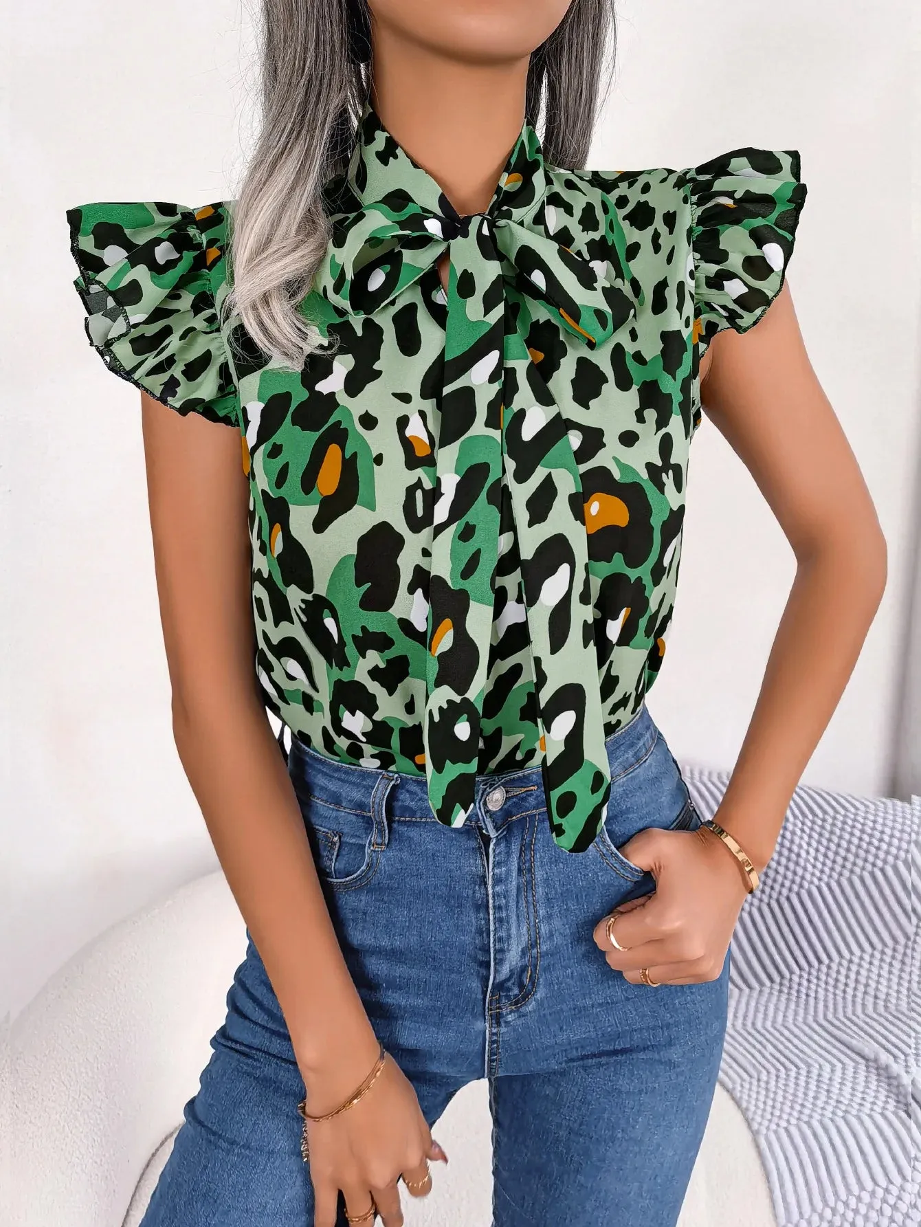 Casual Leopard Print Lace Up Ruffles Chiffon Fashion Summer Bow Tie V neck Blouse