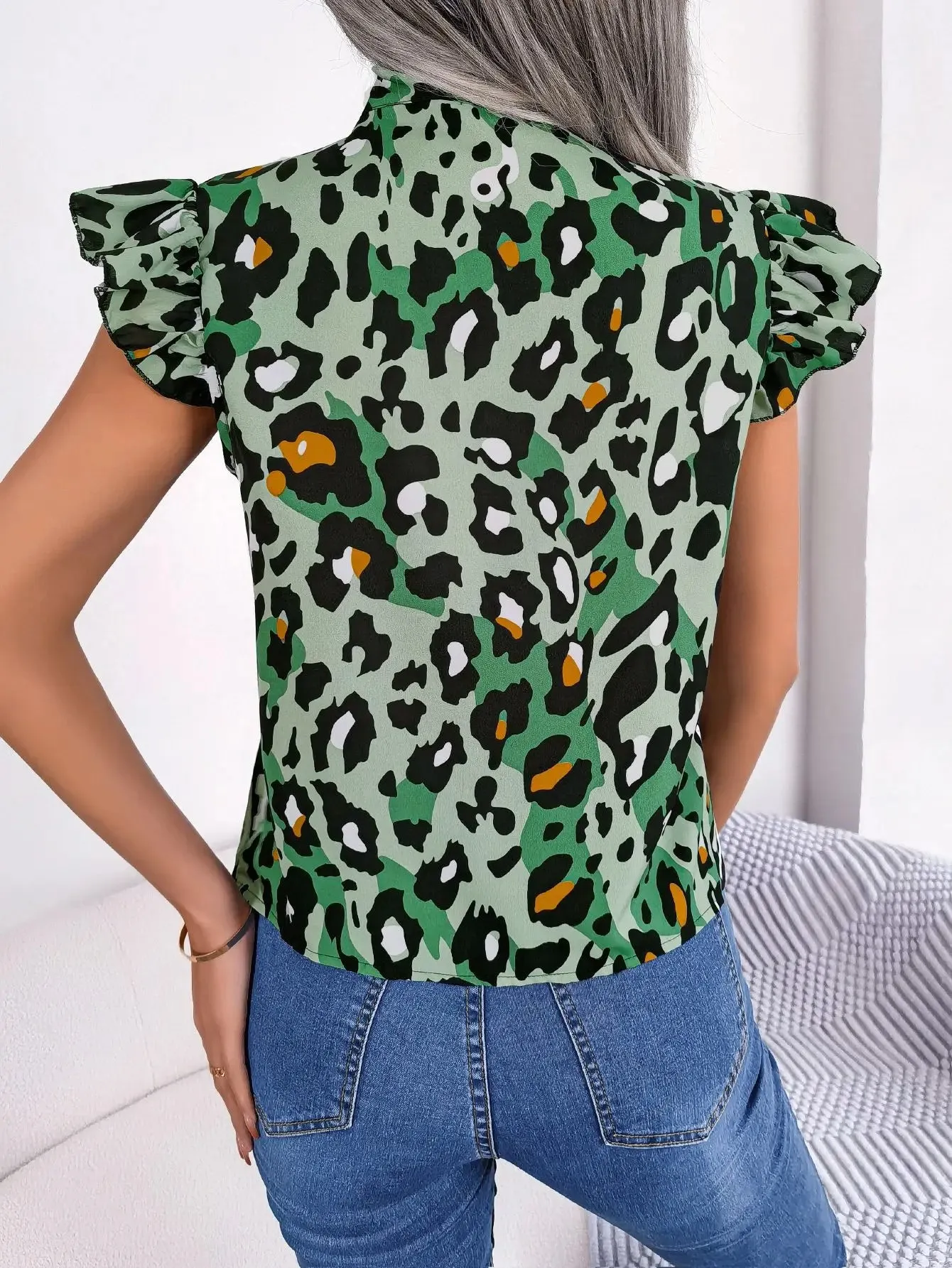 Casual Leopard Print Lace Up Ruffles Chiffon Fashion Summer Bow Tie V neck Blouse