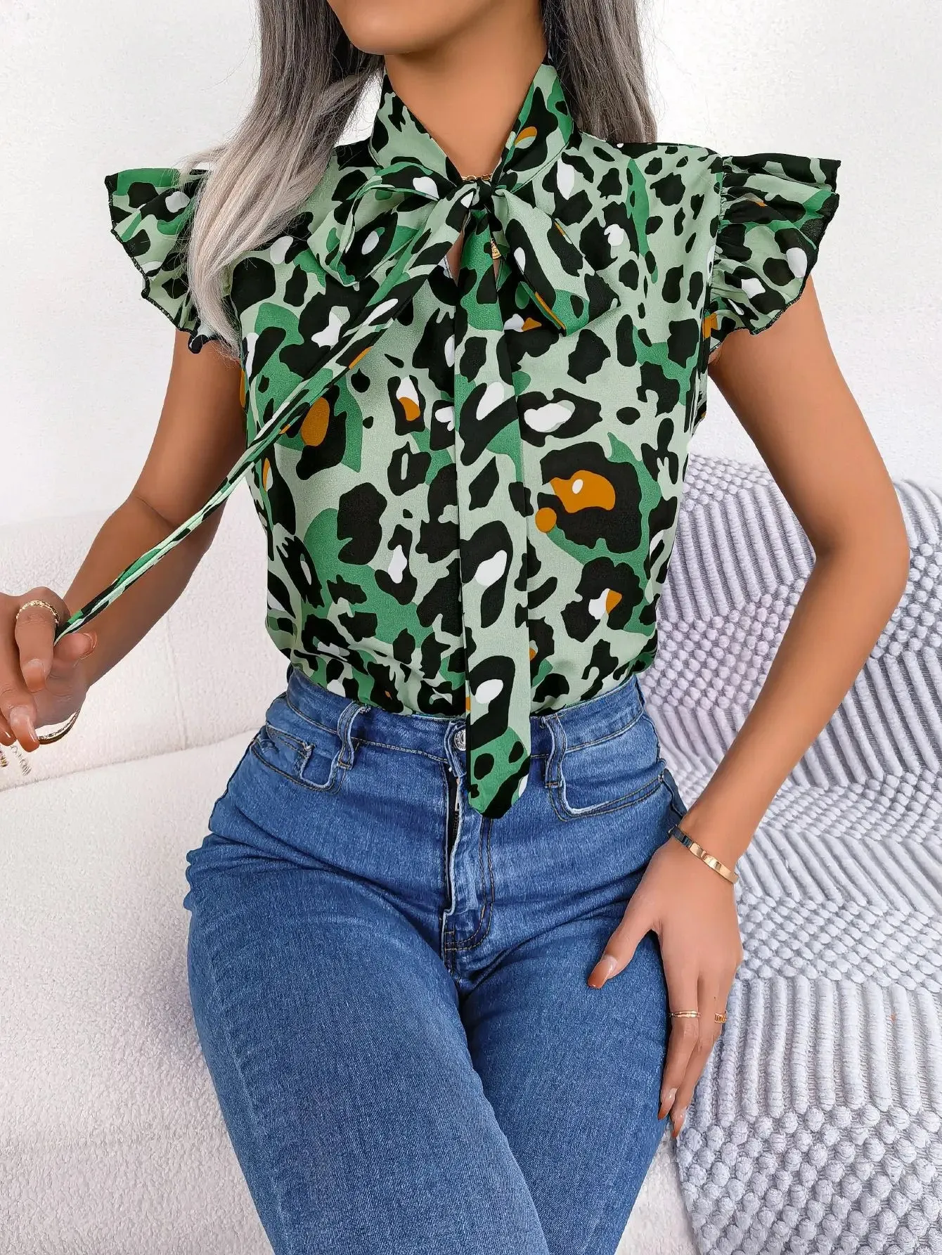 Casual Leopard Print Lace Up Ruffles Chiffon Fashion Summer Bow Tie V neck Blouse