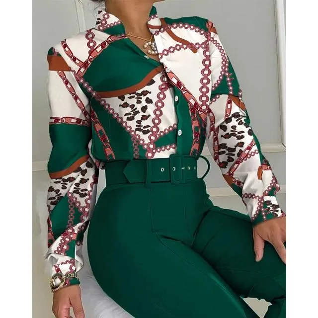 Casual Printed Stand Collar Long Sleeve Shirt Top Wide Leg Pants Two-piece Set with Belt S4384167