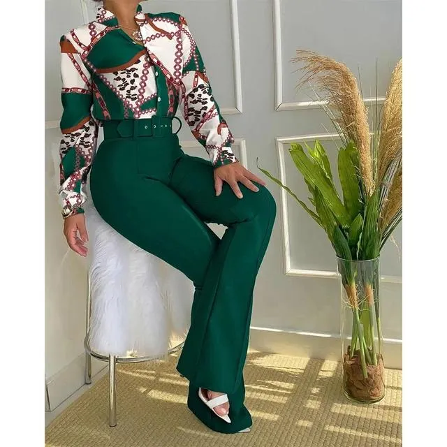 Casual Printed Stand Collar Long Sleeve Shirt Top Wide Leg Pants Two-piece Set with Belt S4384167