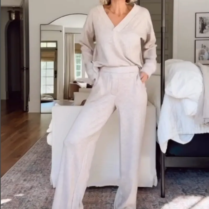 Casual Suit V-Neck Top & Wide Leg Pants