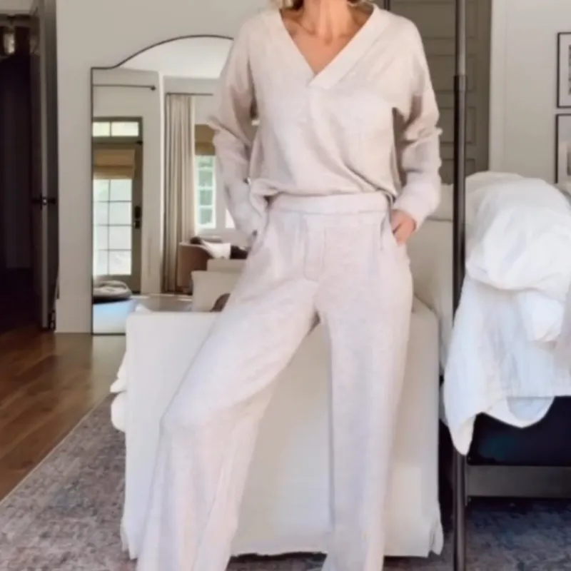 Casual Suit V-Neck Top & Wide Leg Pants