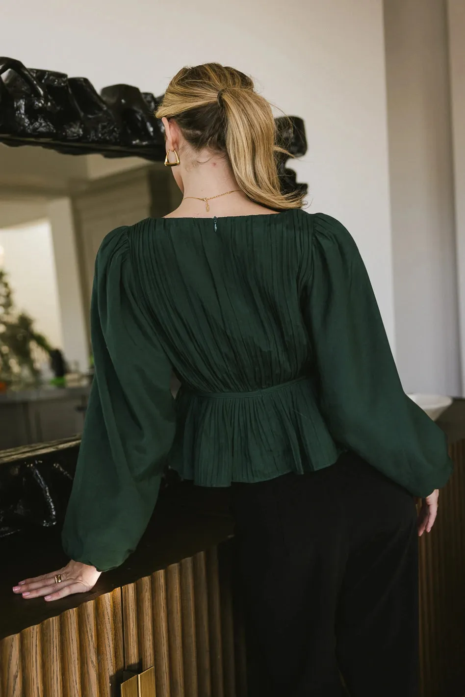 Charlee Pleated Blouse in Green - FINAL SALE