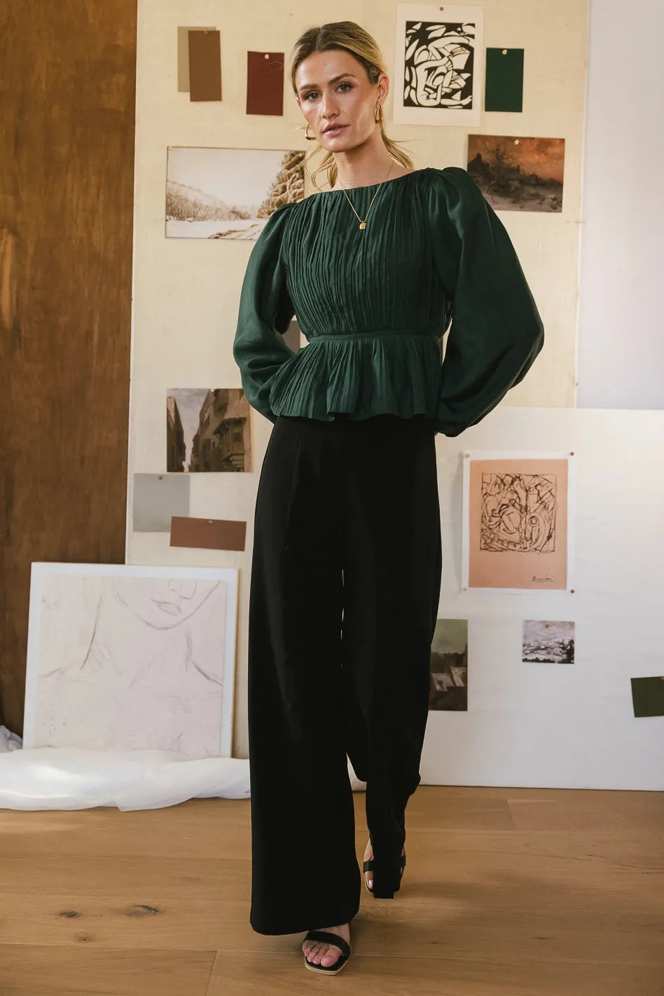 Charlee Pleated Blouse in Green - FINAL SALE