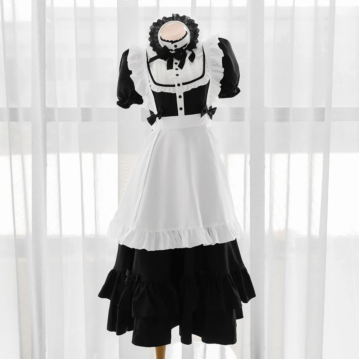 Elegant Black And White Maid Long Skirt Set