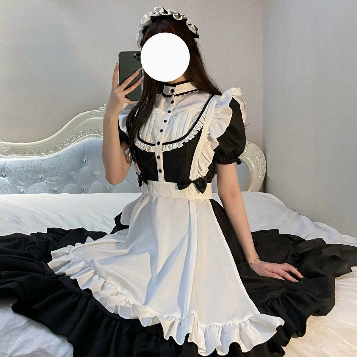 Elegant Black And White Maid Long Skirt Set