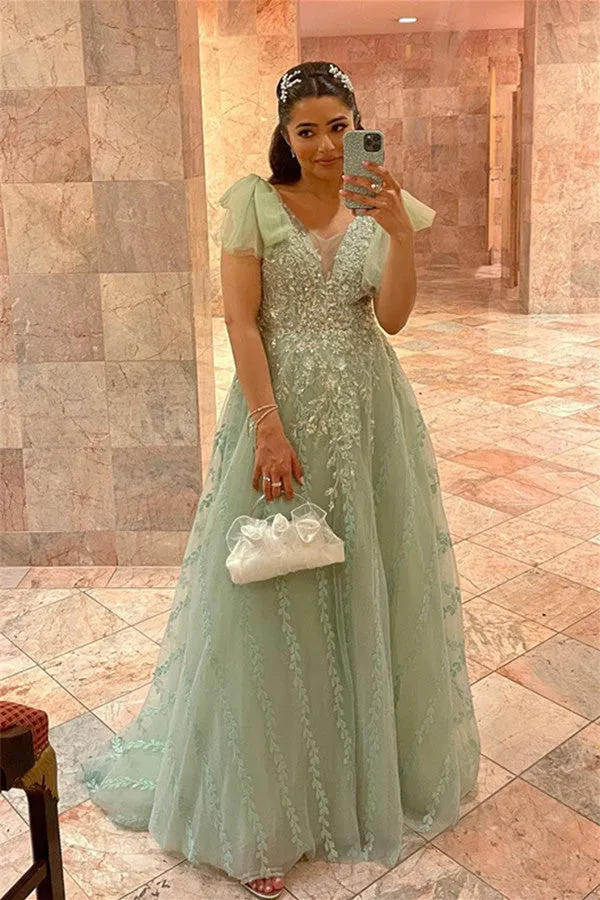 Elegant Lace A-line Wedding Dresses, V-neck Newest 2024 Long Prom Dresses, Pregnant Prom Dresses