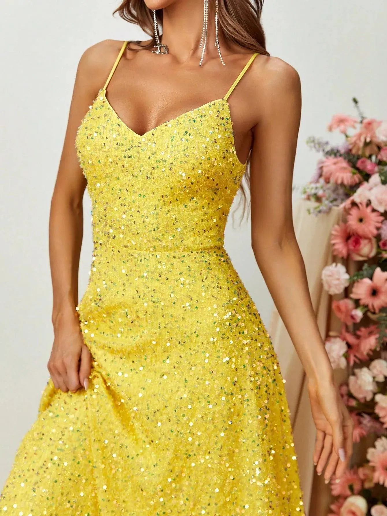 Elegant Spaghetti Strap Sequin A Line Dress