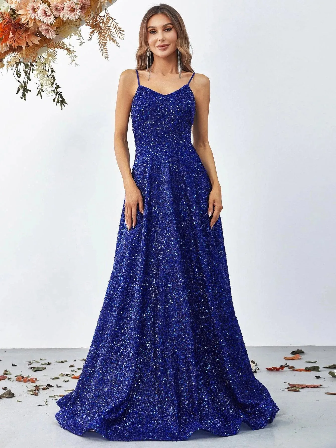 Elegant Spaghetti Strap Sequin A Line Dress