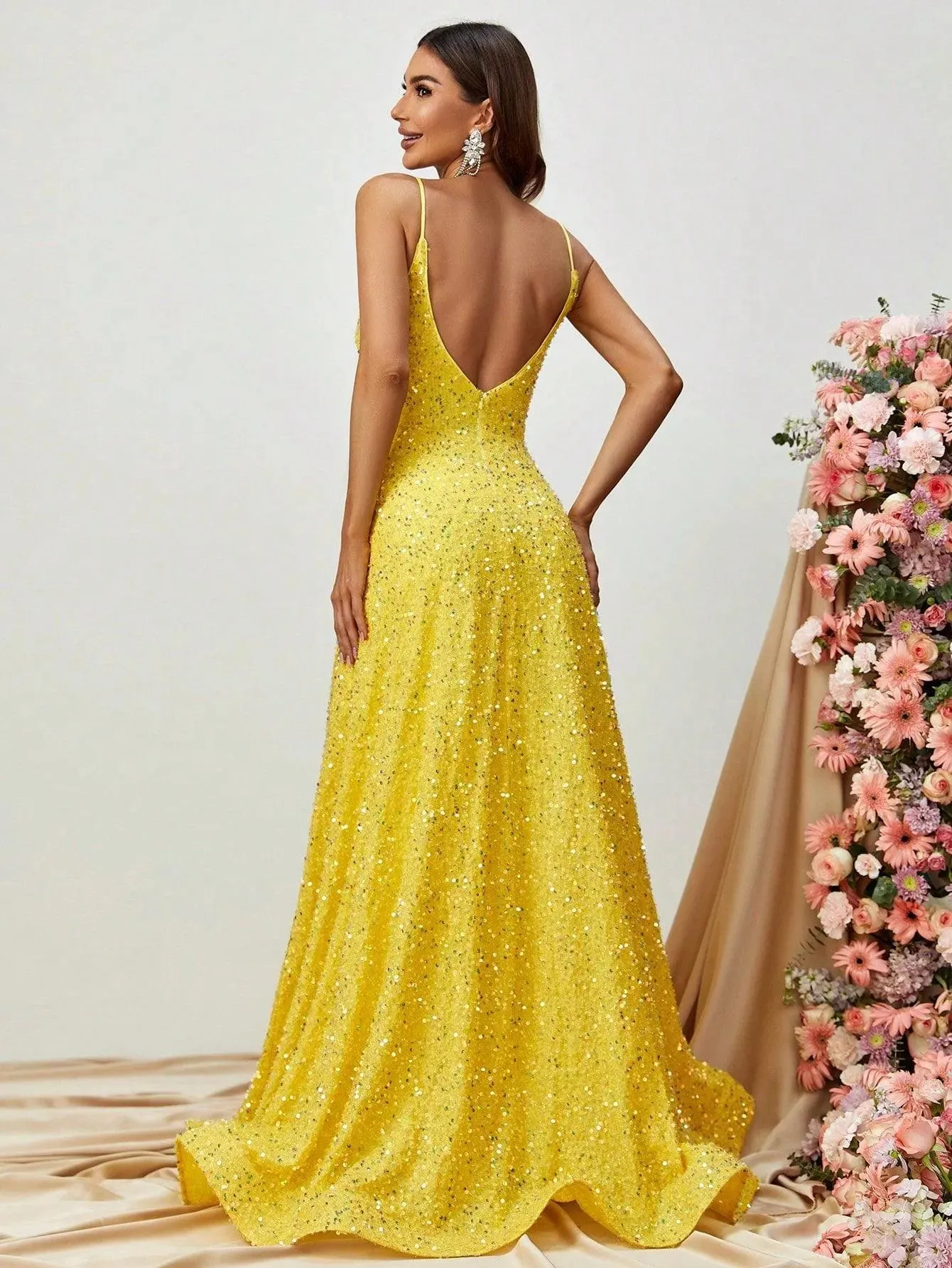 Elegant Spaghetti Strap Sequin A Line Dress