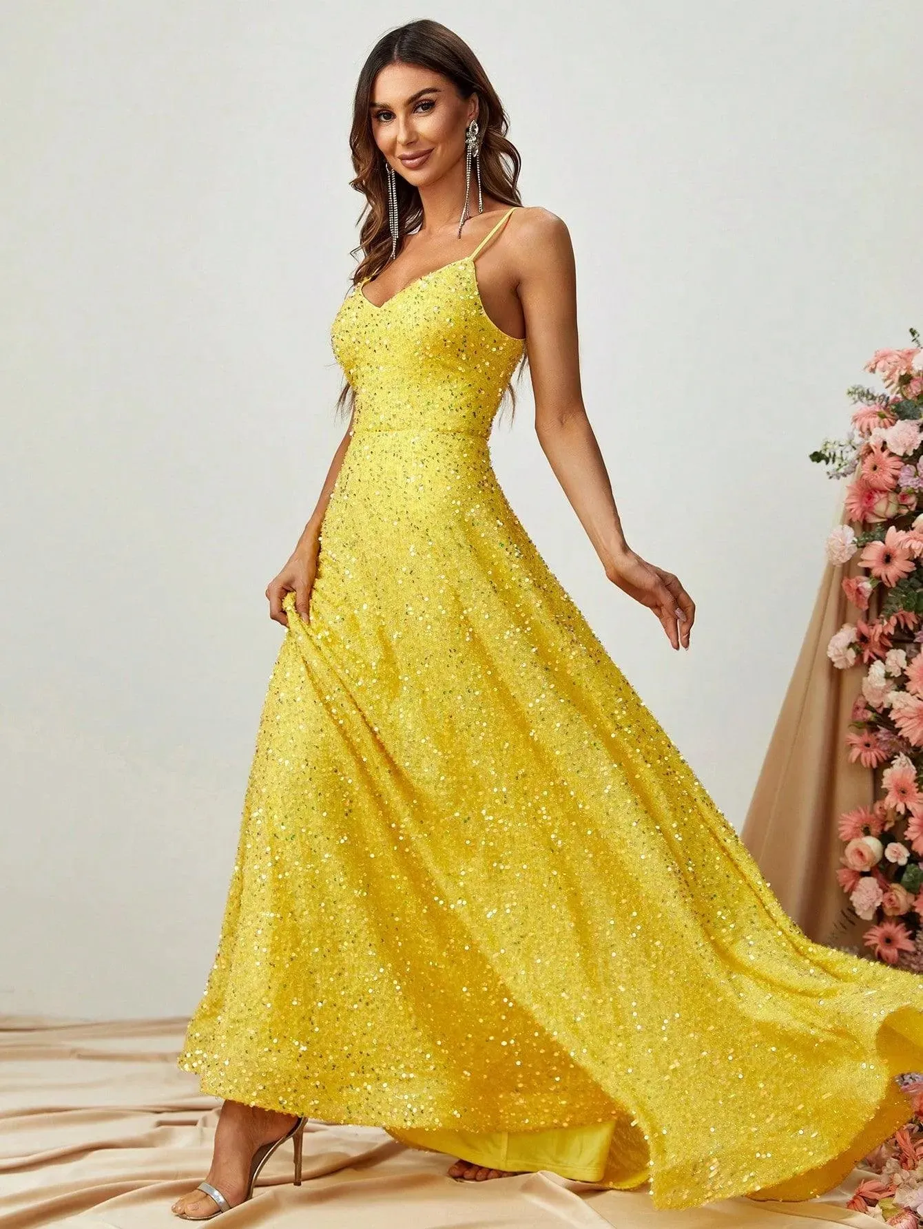 Elegant Spaghetti Strap Sequin A Line Dress