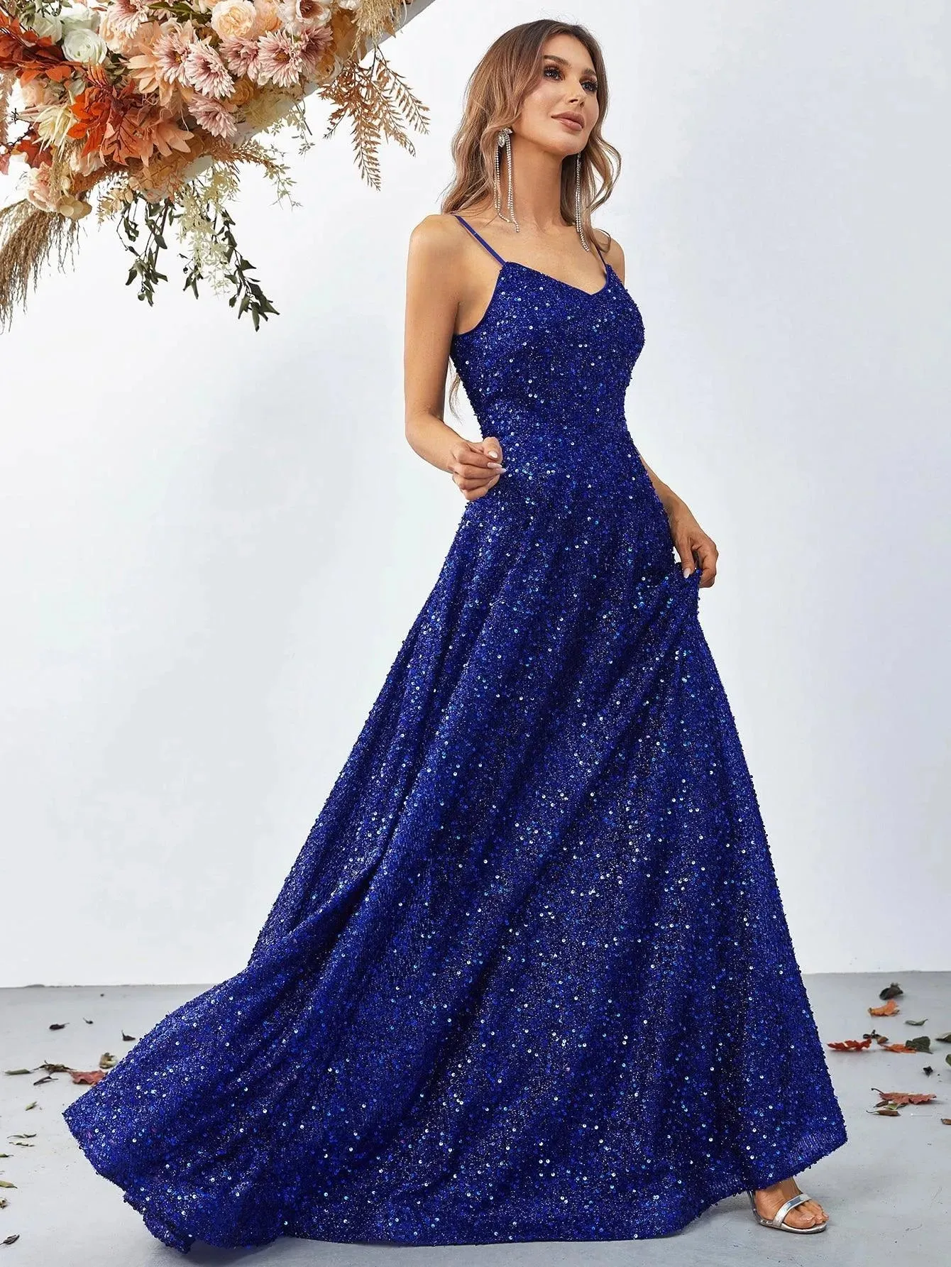 Elegant Spaghetti Strap Sequin A Line Dress