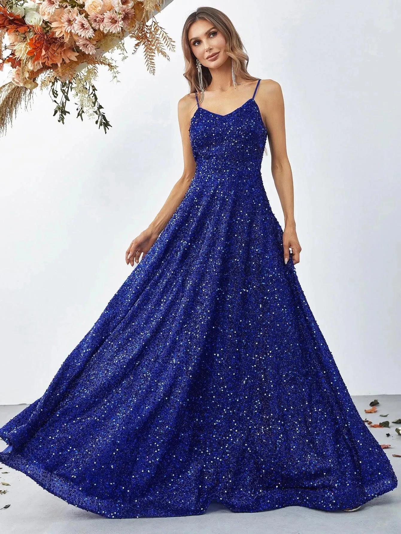 Elegant Spaghetti Strap Sequin A Line Dress