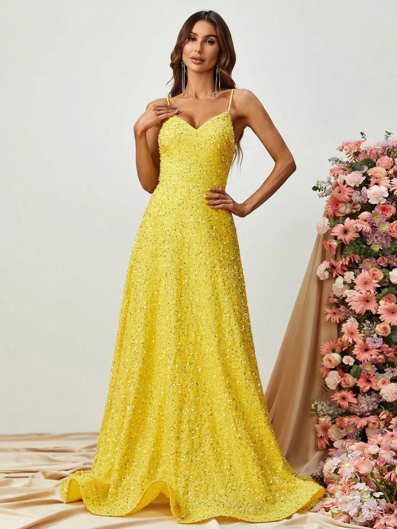 Elegant Spaghetti Strap Sequin A Line Dress