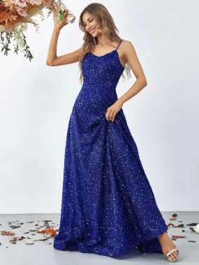 Elegant Spaghetti Strap Sequin A Line Dress