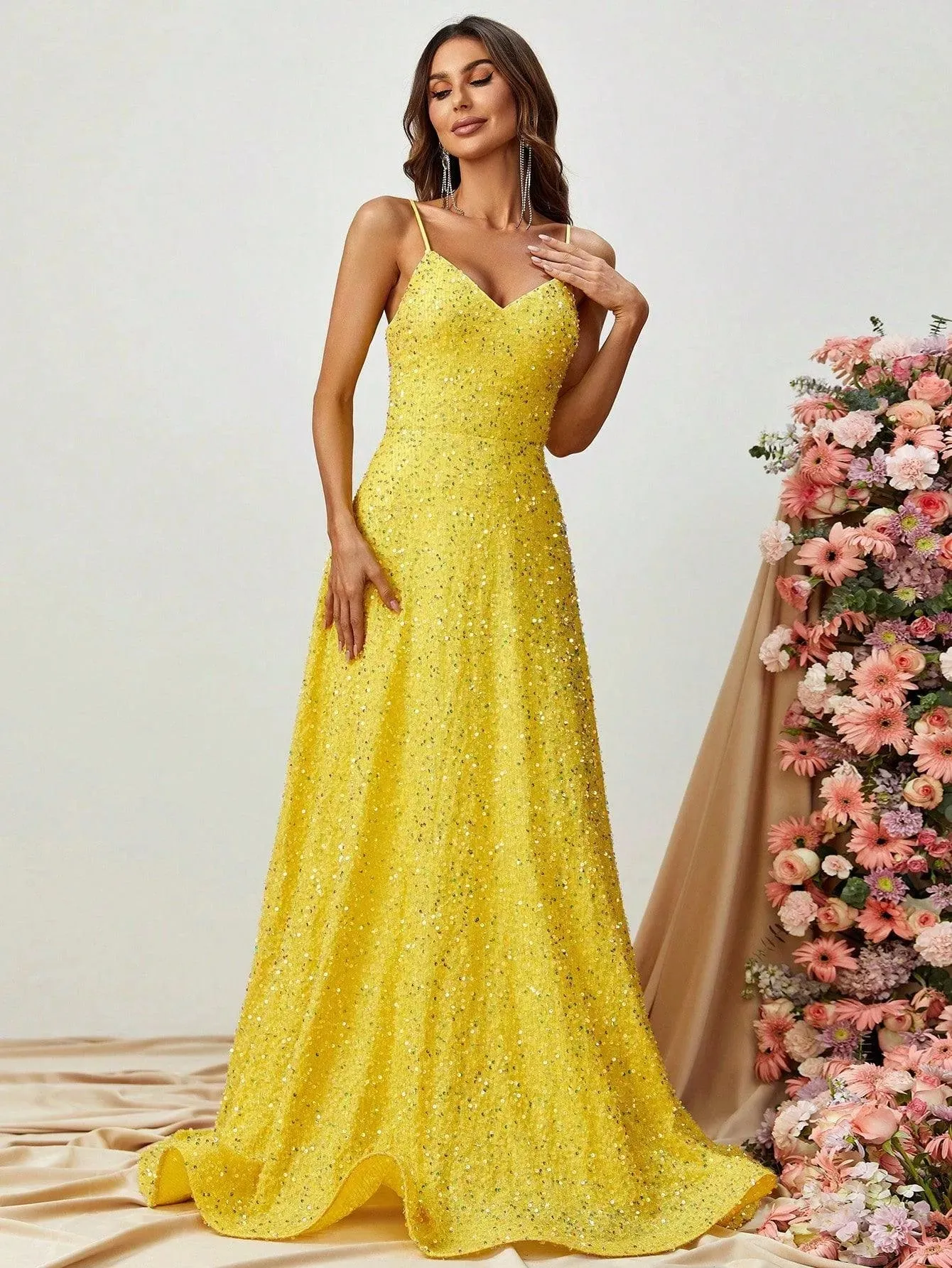 Elegant Spaghetti Strap Sequin A Line Dress