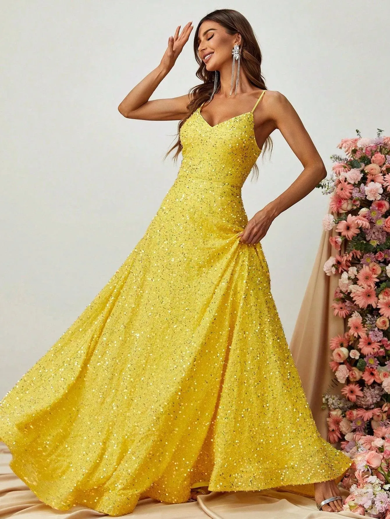 Elegant Spaghetti Strap Sequin A Line Dress