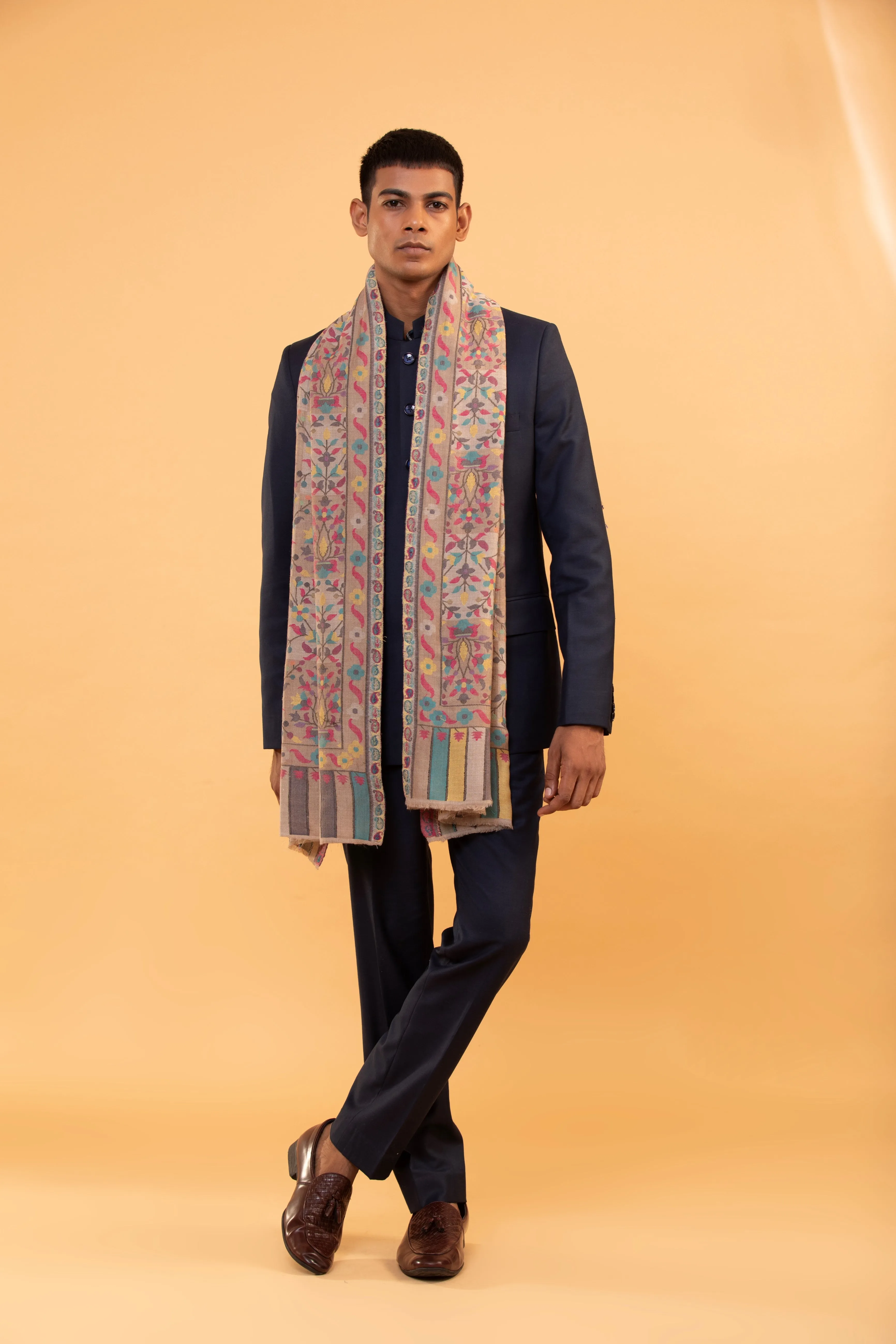 Ethnic Motifs Woolen Stole with Floral Embroidery for Men