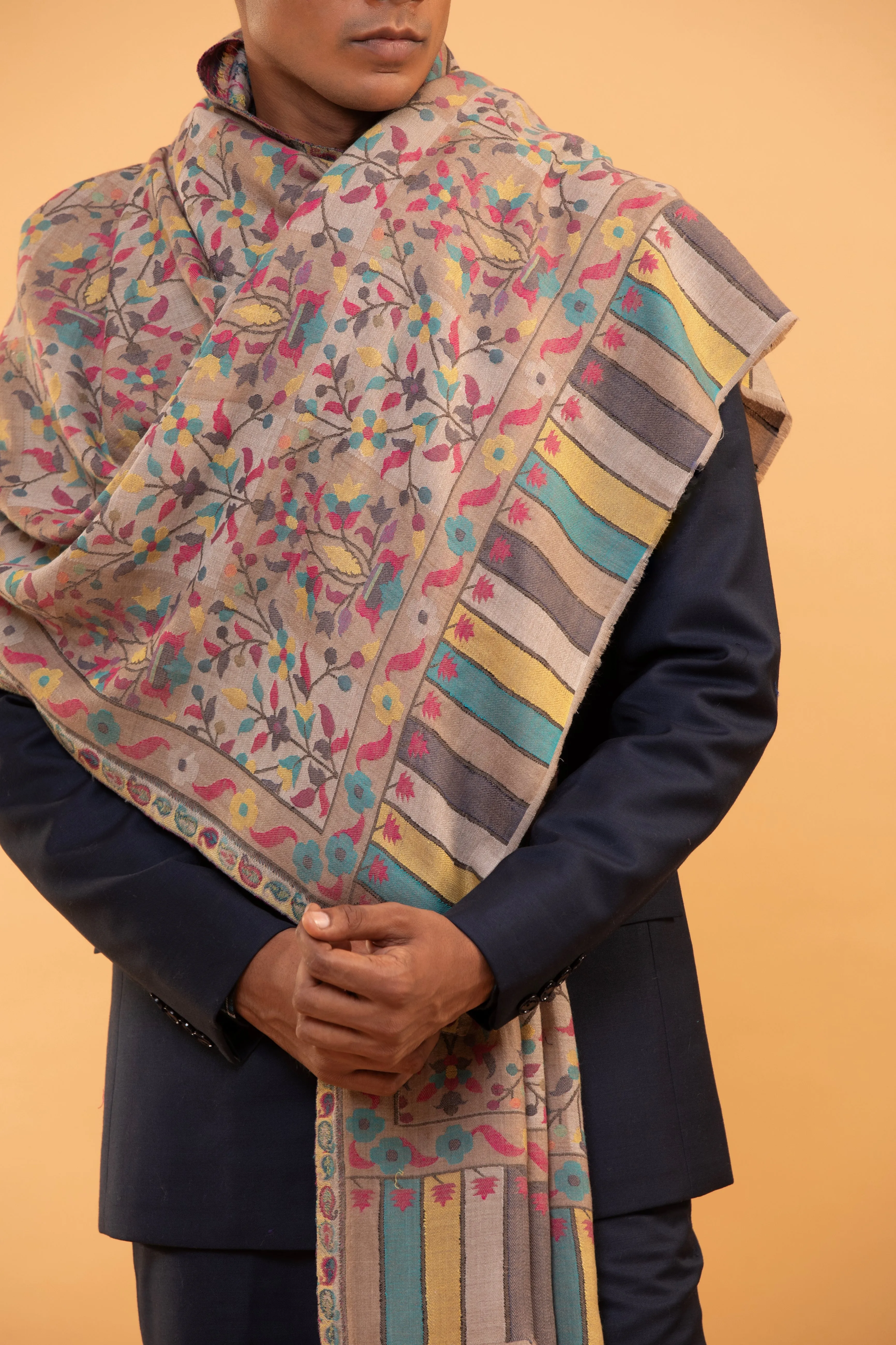 Ethnic Motifs Woolen Stole with Floral Embroidery for Men