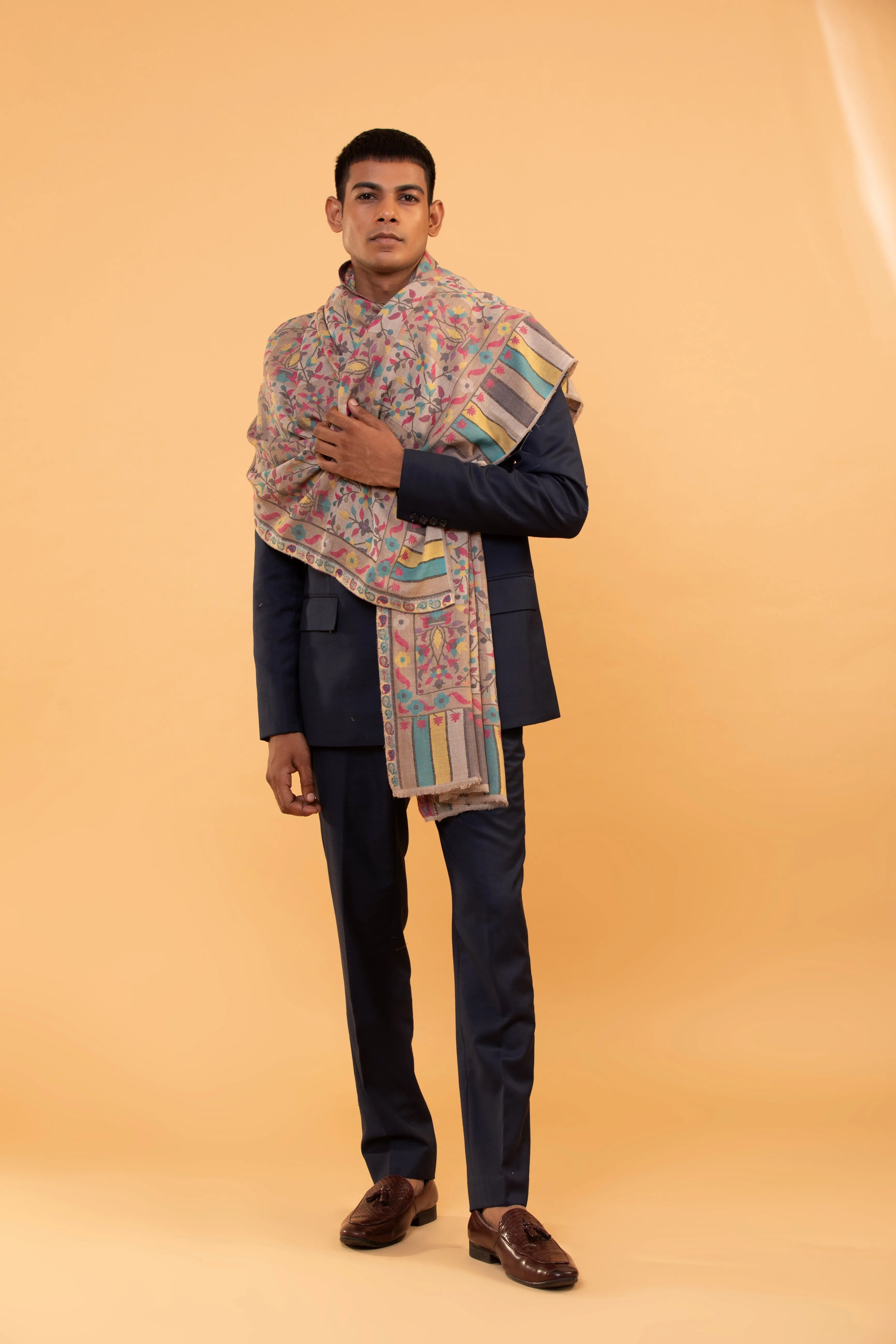 Ethnic Motifs Woolen Stole with Floral Embroidery for Men