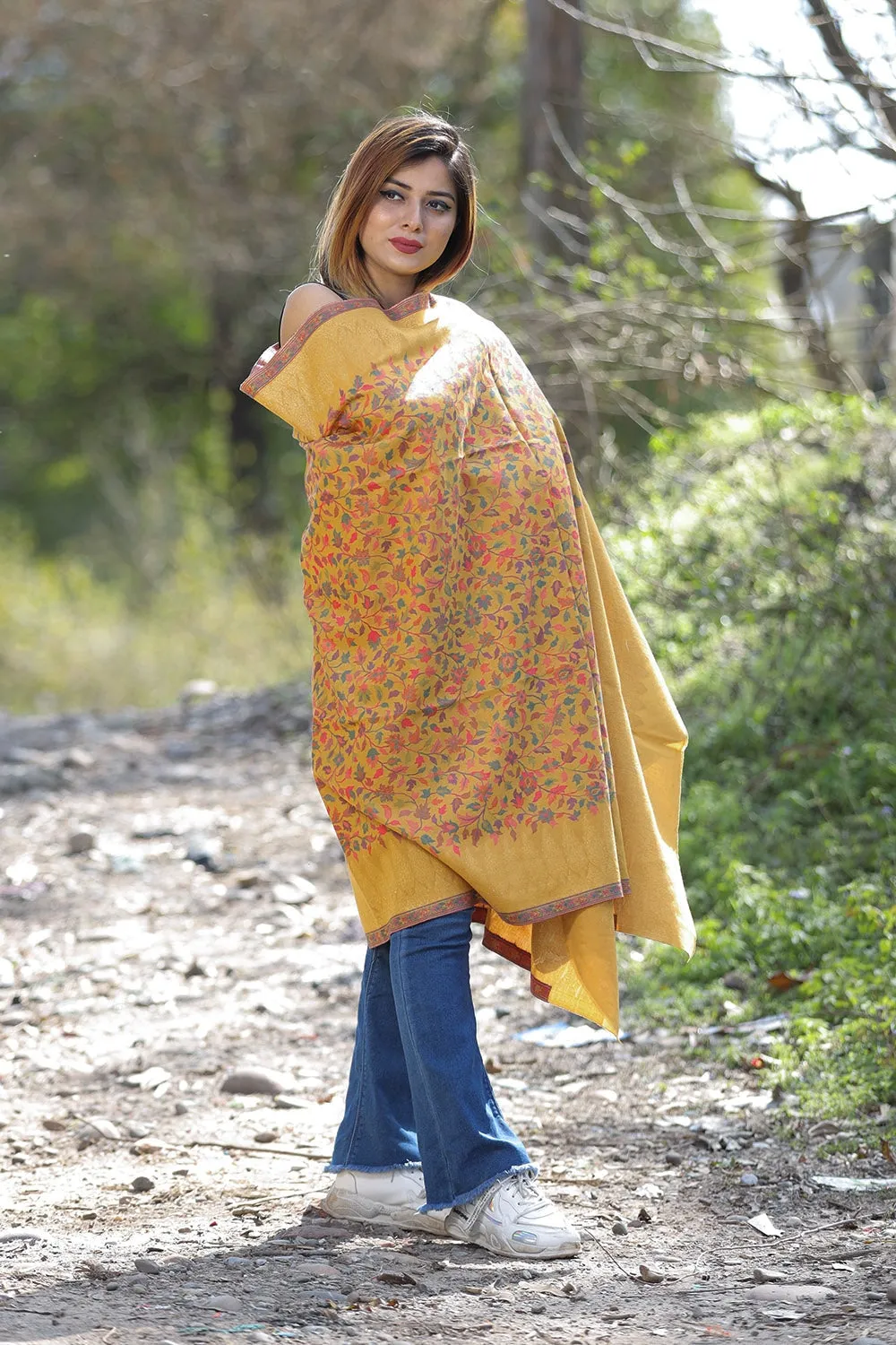 EXOTIC KASHMIRI MUSTARD COLOUR SHAWL WITH ZARI & KANI WORK DEFINES ROYAL AND LUXURIOUS EXTREMELY COMFORTABLE FOR ALL EVENTS