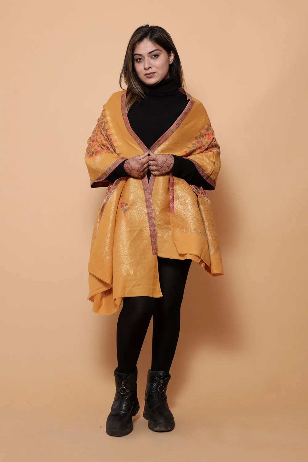 EXOTIC KASHMIRI MUSTARD COLOUR SHAWL WITH ZARI & KANI WORK DEFINES ROYAL AND LUXURIOUS EXTREMELY COMFORTABLE FOR ALL EVENTS