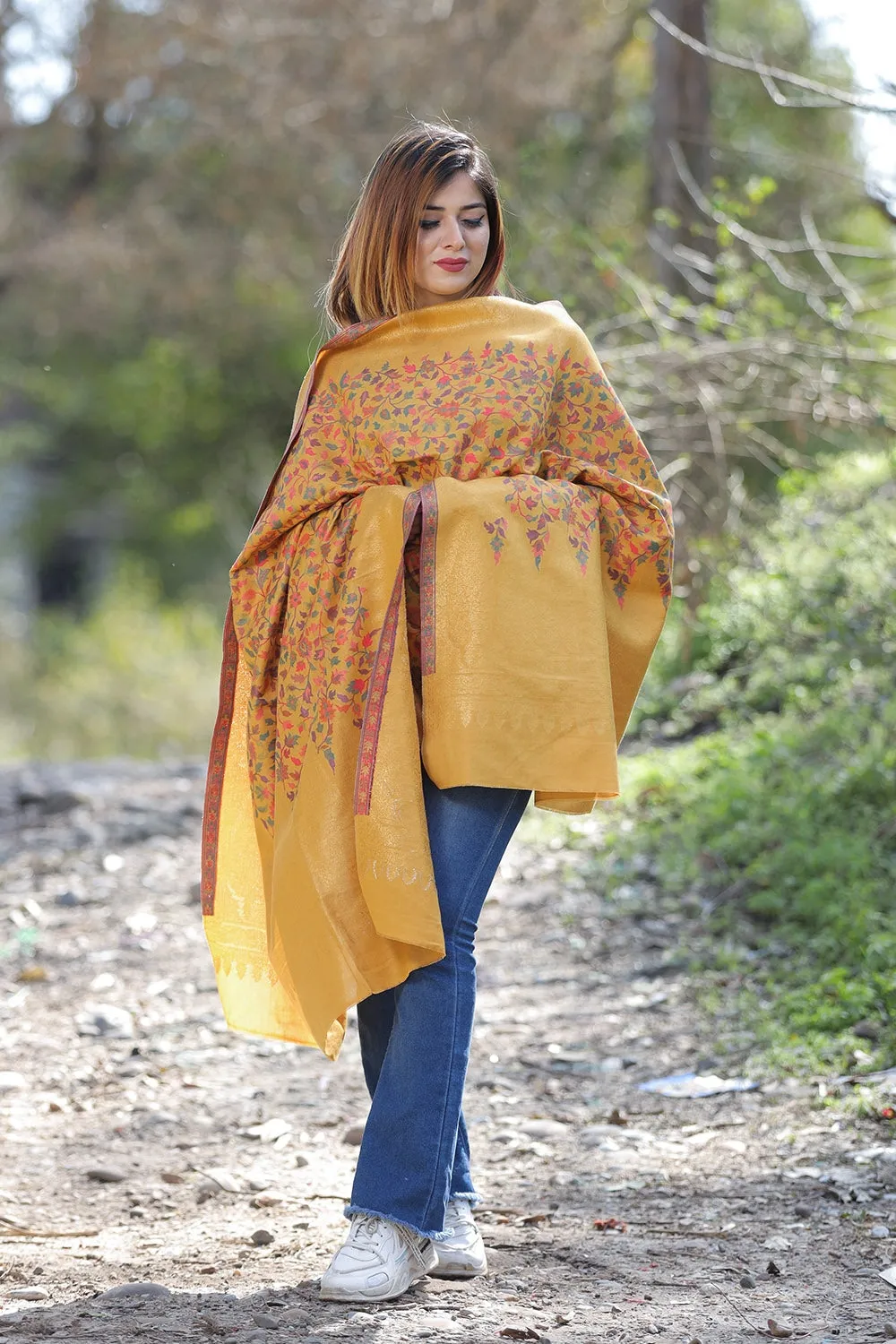 EXOTIC KASHMIRI MUSTARD COLOUR SHAWL WITH ZARI & KANI WORK DEFINES ROYAL AND LUXURIOUS EXTREMELY COMFORTABLE FOR ALL EVENTS