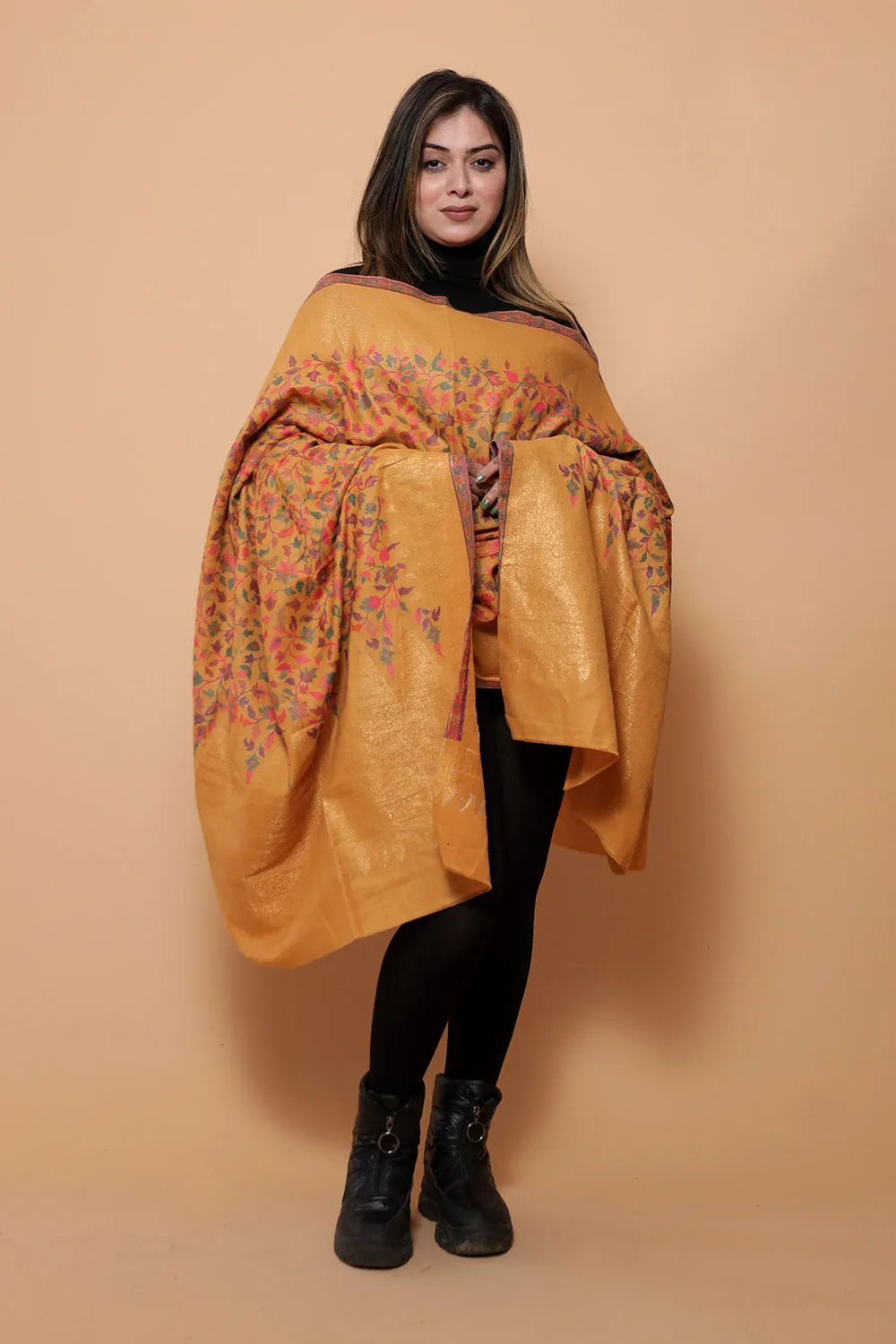 EXOTIC KASHMIRI MUSTARD COLOUR SHAWL WITH ZARI & KANI WORK DEFINES ROYAL AND LUXURIOUS EXTREMELY COMFORTABLE FOR ALL EVENTS