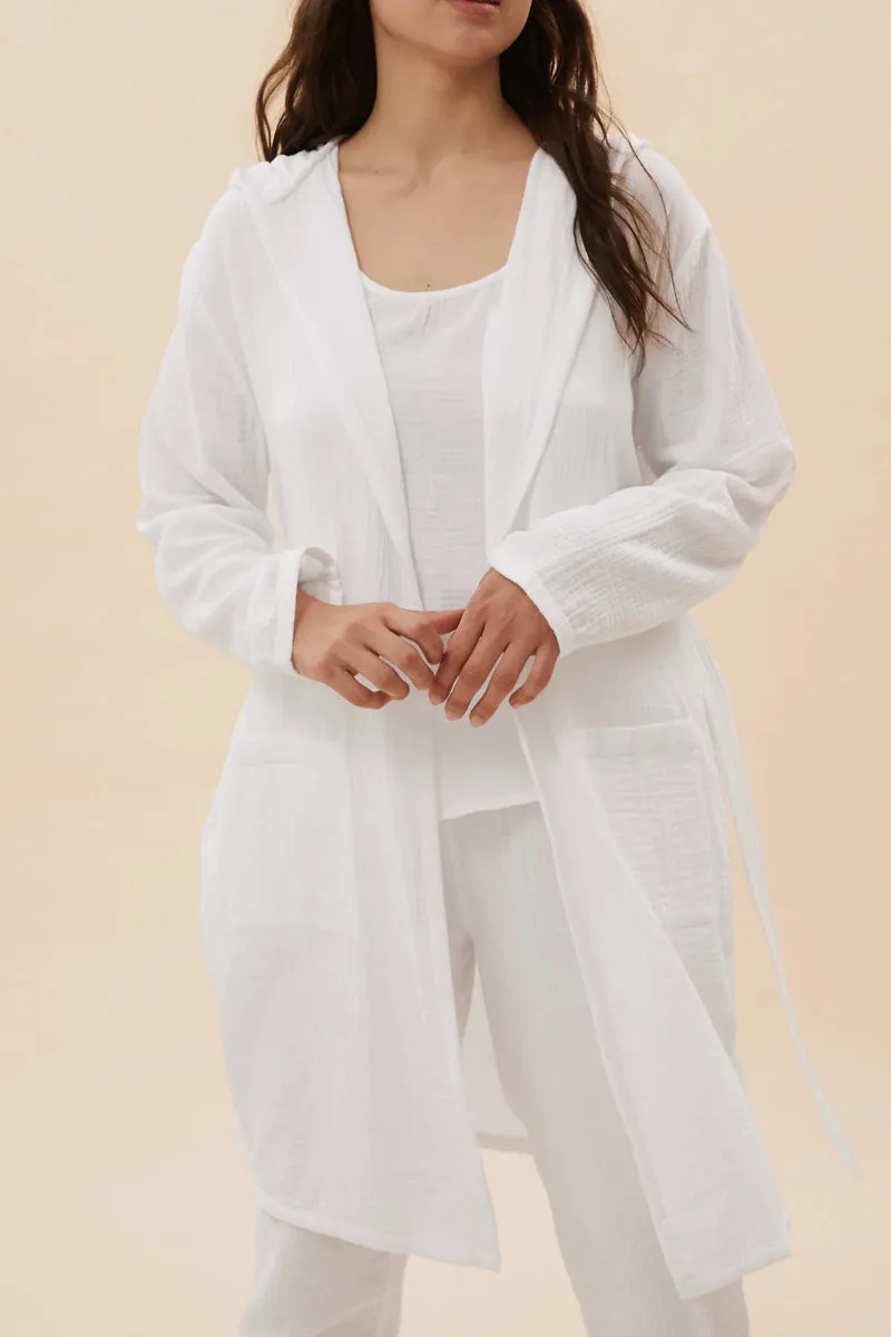Famous Store Pure Cotton Muslin Hooded Dressing Gown White