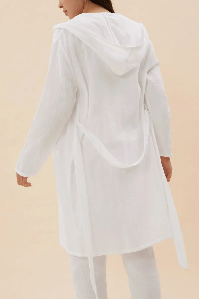 Famous Store Pure Cotton Muslin Hooded Dressing Gown White