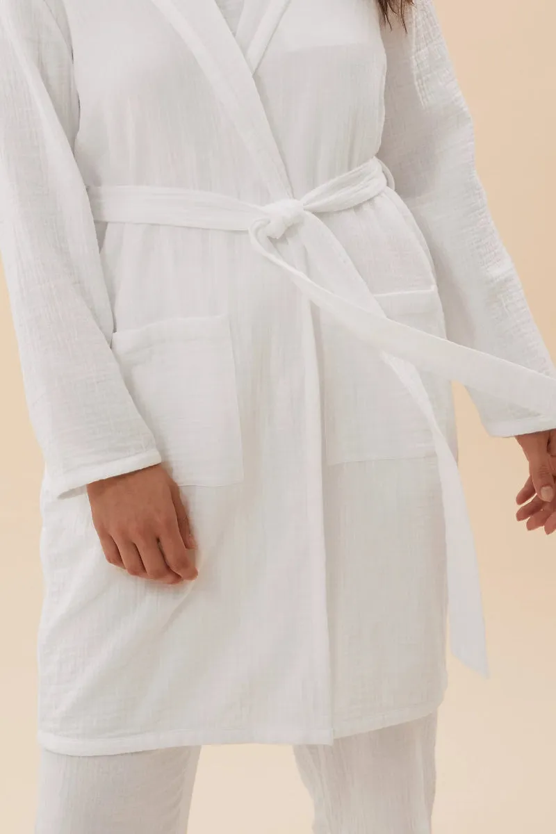 Famous Store Pure Cotton Muslin Hooded Dressing Gown White