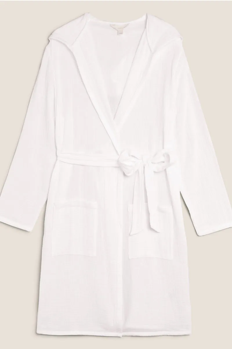 Famous Store Pure Cotton Muslin Hooded Dressing Gown White