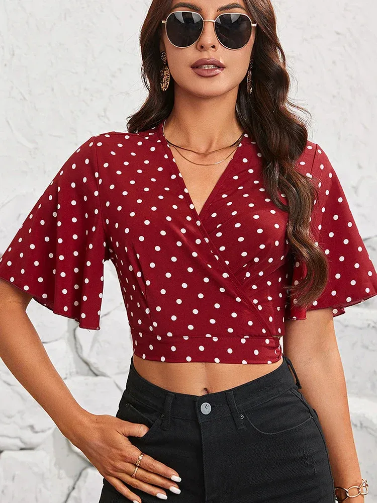 Fashion Dot Crop Chiffon Classic Retro Polka Elegant Ladies Ruffled Back Top