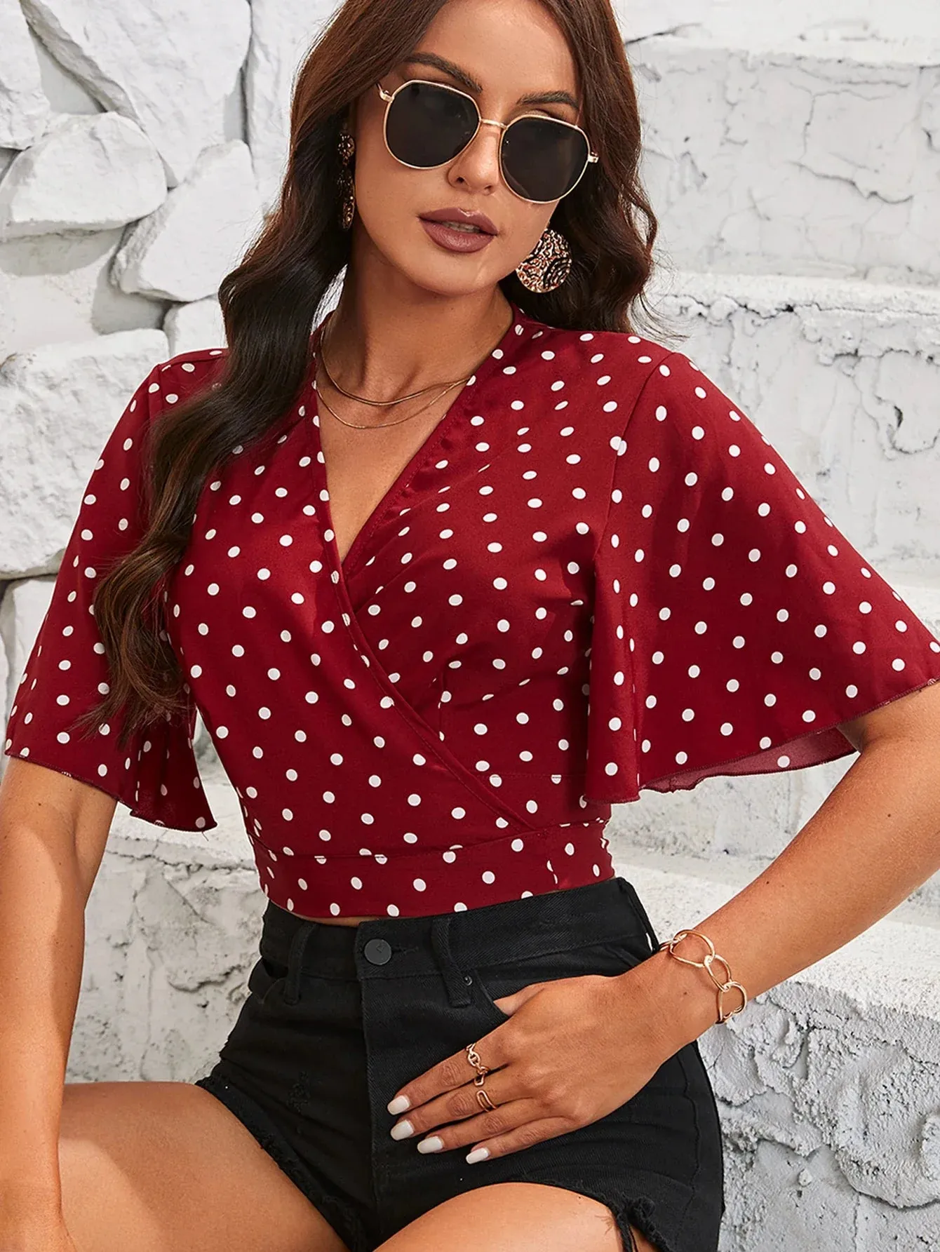 Fashion Dot Crop Chiffon Classic Retro Polka Elegant Ladies Ruffled Back Top