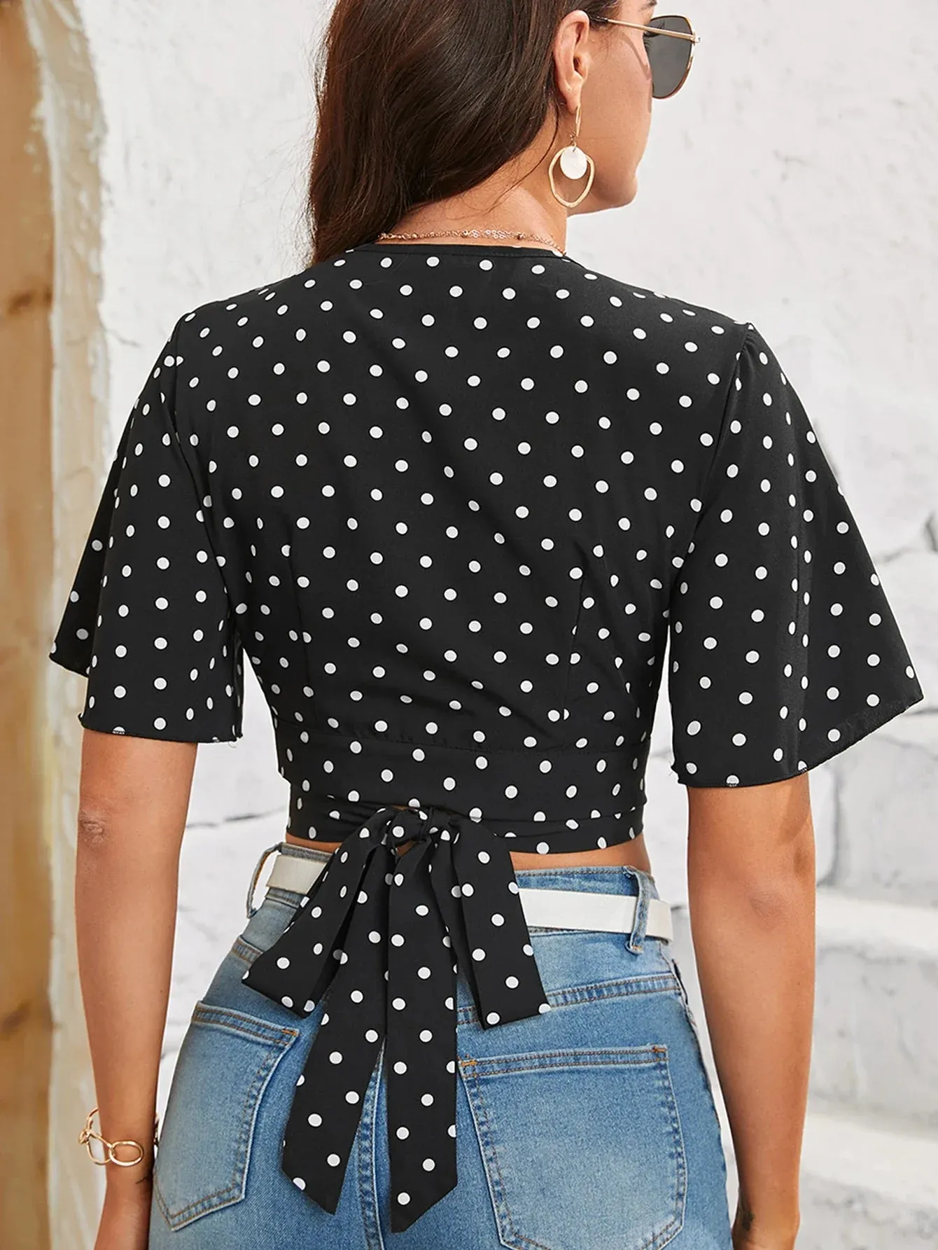 Fashion Dot Crop Chiffon Classic Retro Polka Elegant Ladies Ruffled Back Top