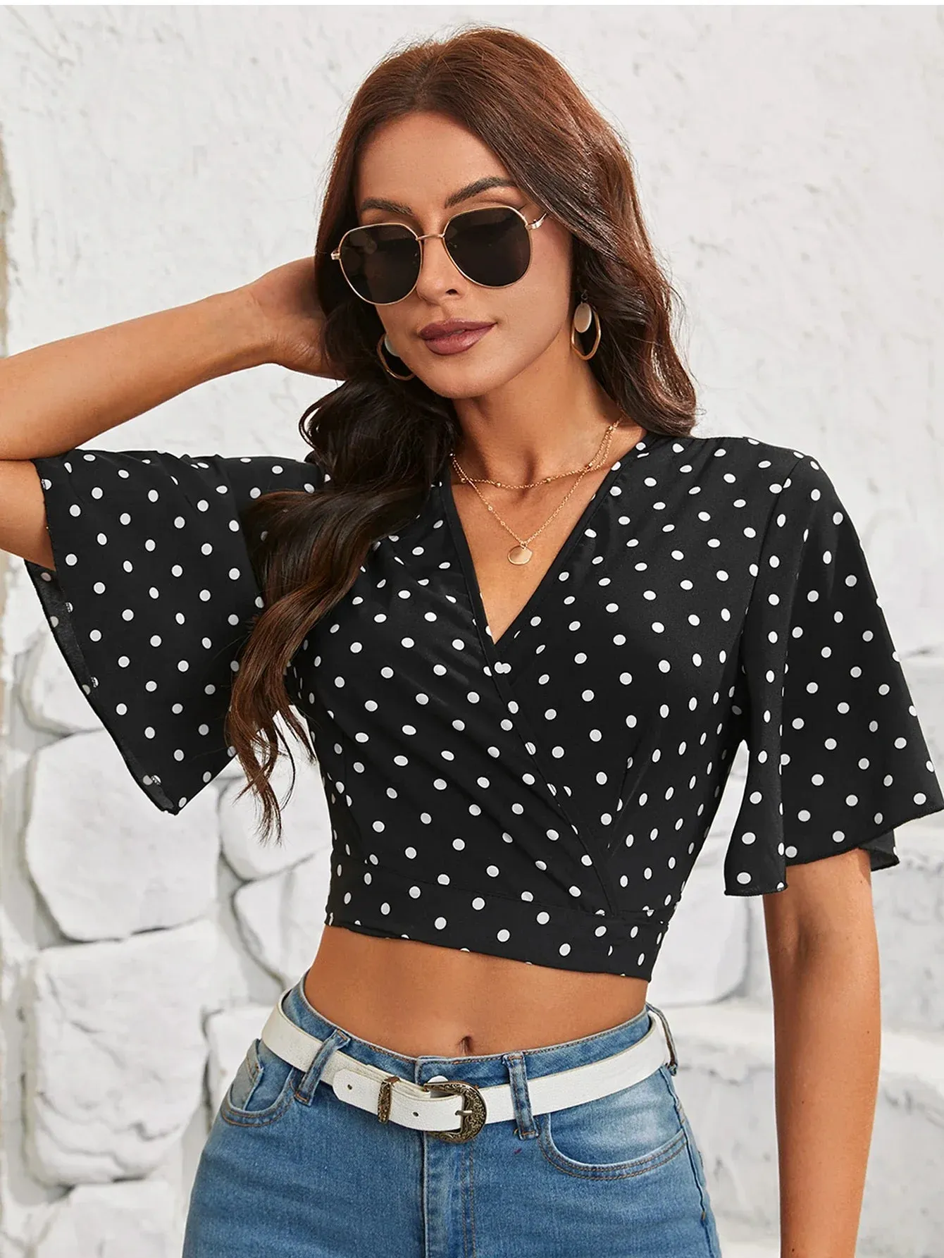 Fashion Dot Crop Chiffon Classic Retro Polka Elegant Ladies Ruffled Back Top