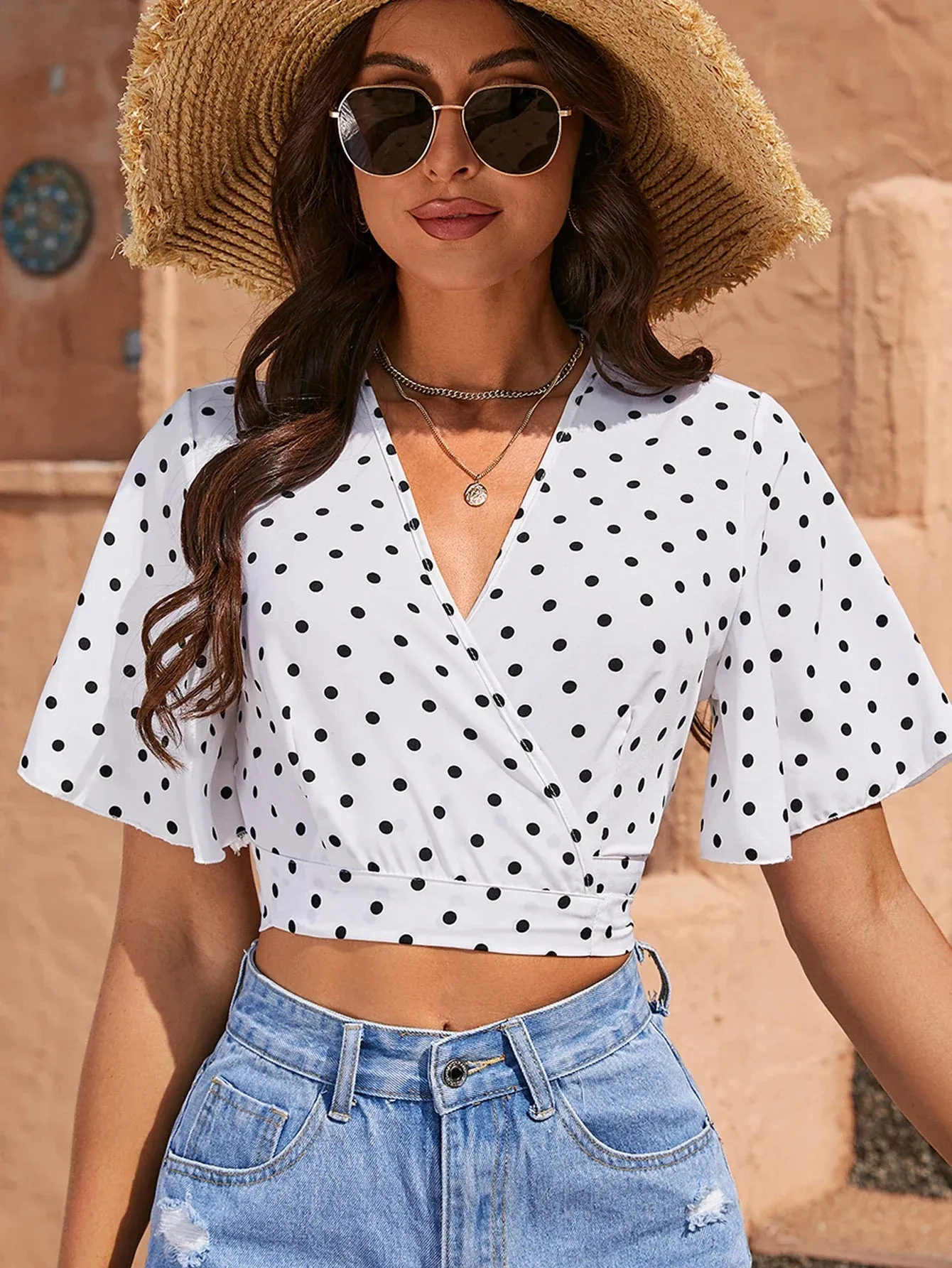 Fashion Dot Crop Chiffon Classic Retro Polka Elegant Ladies Ruffled Back Top