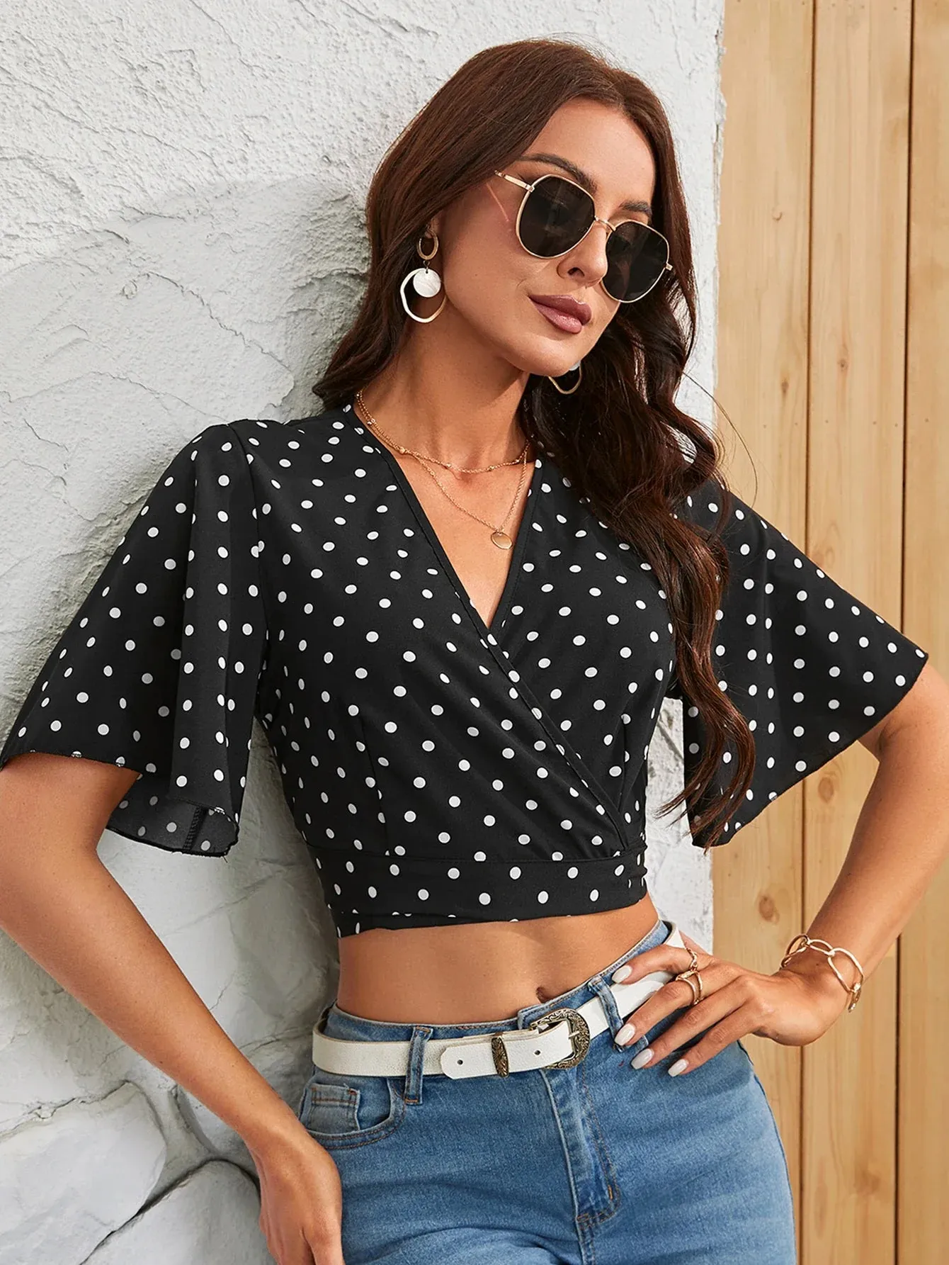 Fashion Dot Crop Chiffon Classic Retro Polka Elegant Ladies Ruffled Back Top