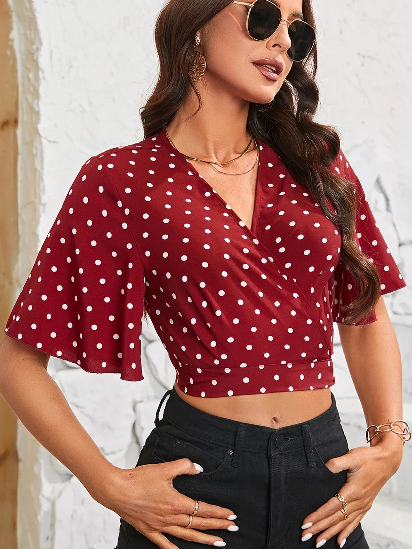 Fashion Dot Crop Chiffon Classic Retro Polka Elegant Ladies Ruffled Back Top