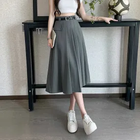 FashionSierra - 2024 Autumn New High Waist A-line Pleated Women Gray Fashion Suit Korean Ladies Spring Mid-length Skirt