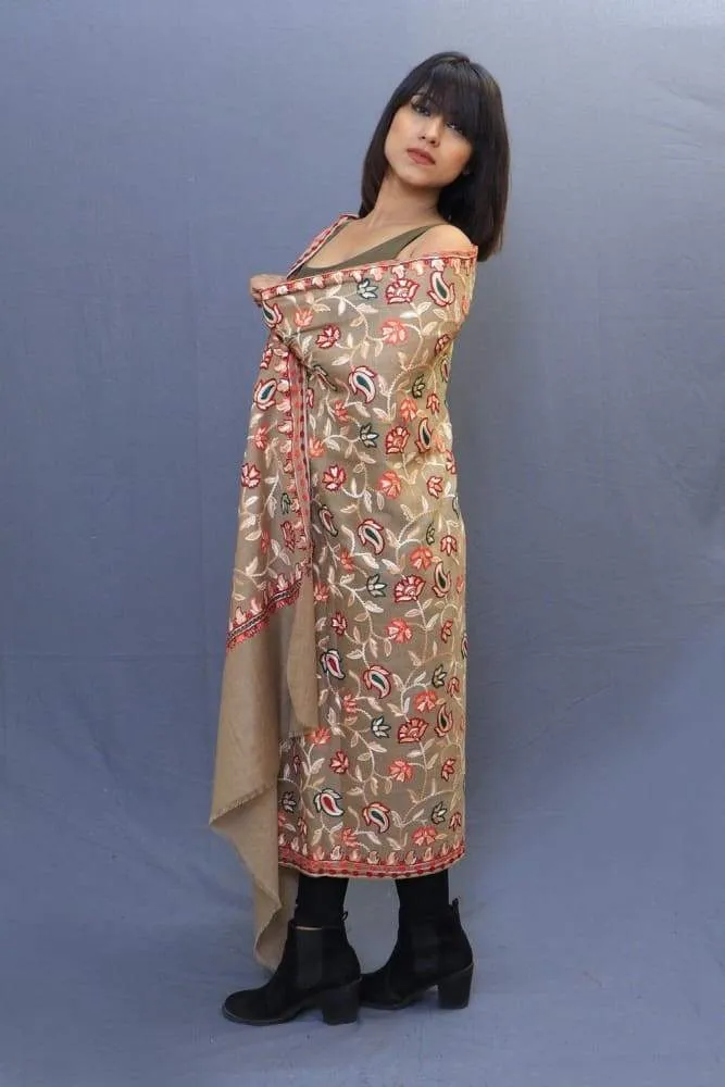 Fawn Colour Shawl With Amazing All Over Jaal Is A Perfect Blend On Comfort And Taste.