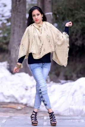 Fawn Coloured Knitting Stole Enriched With Stylish Embroidery Pattern.