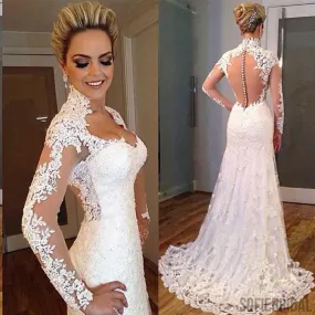 Gorgeous Long Sleeve Elegant Long See Through Lace Tulle Wedding Dresses, WD0093