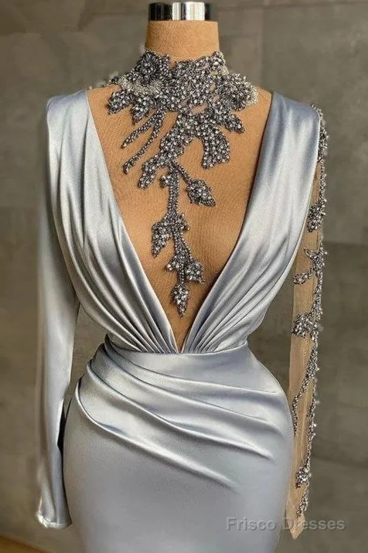 Gray Robe De Soiree Sheath Long Sleeves Beaded See Through Sexy Long Prom Dresses Prom Gown Evening Dresses