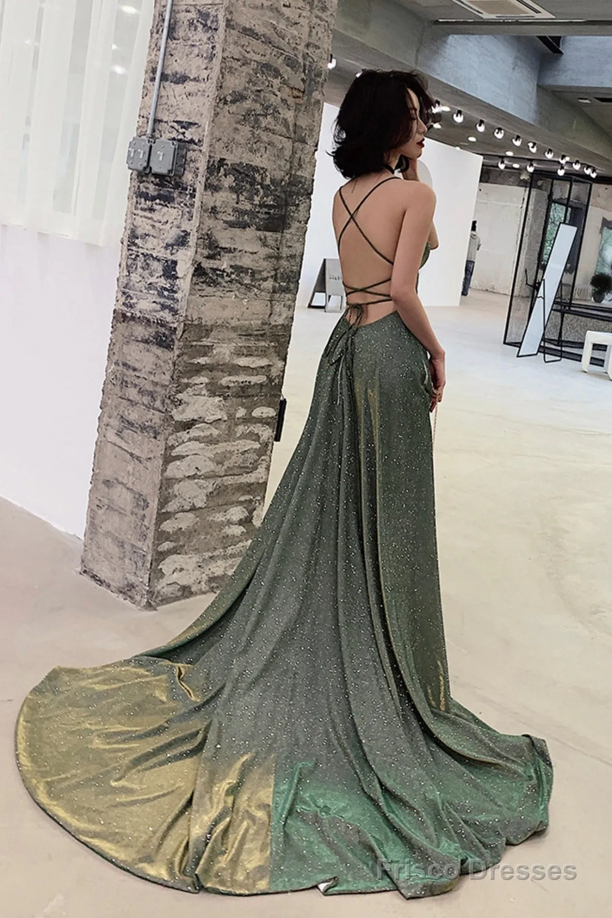 Green A-Line Backless Long Prom Dresses, Evening Dresses