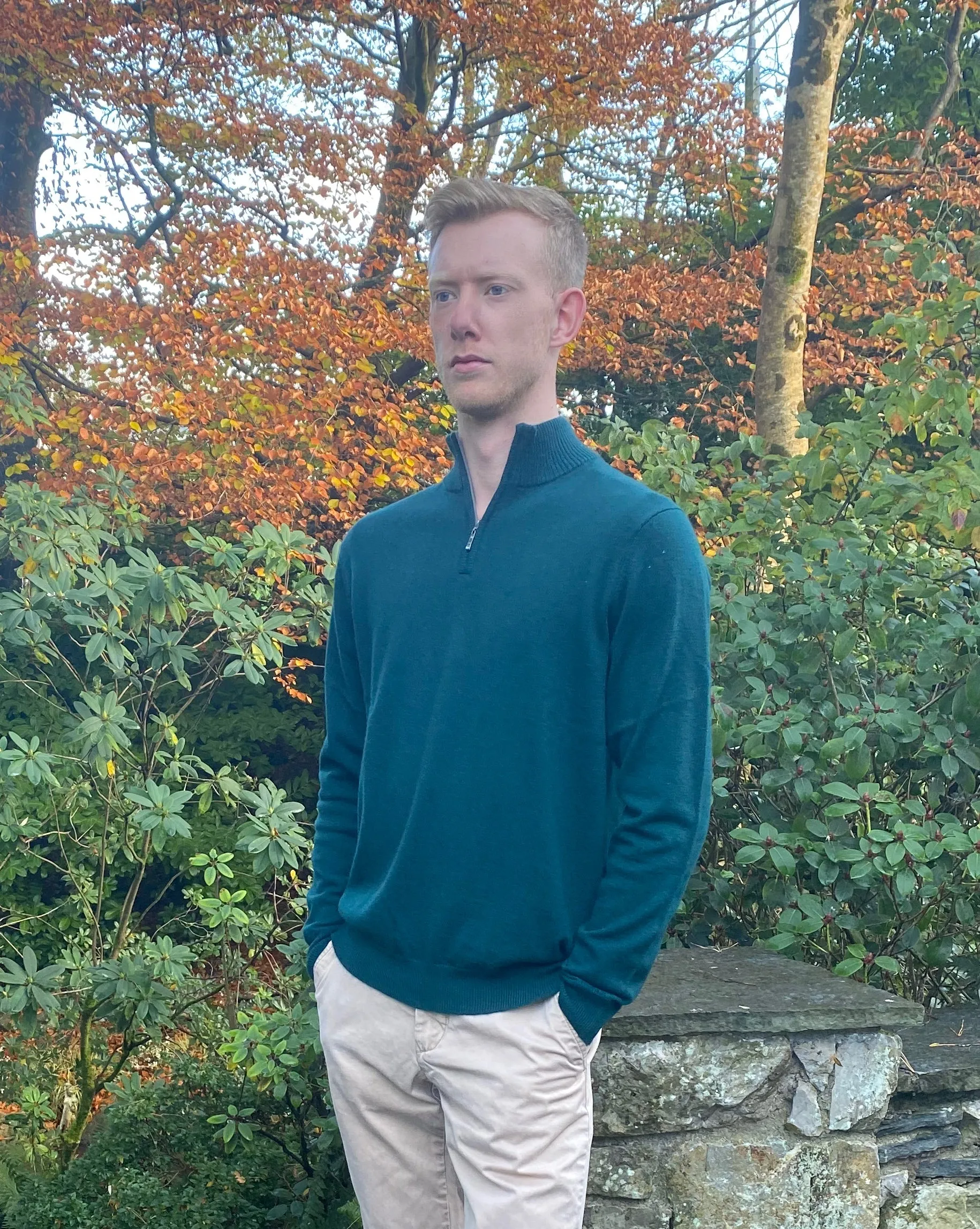 Half Zip Two Tone Collar in Hunter Green