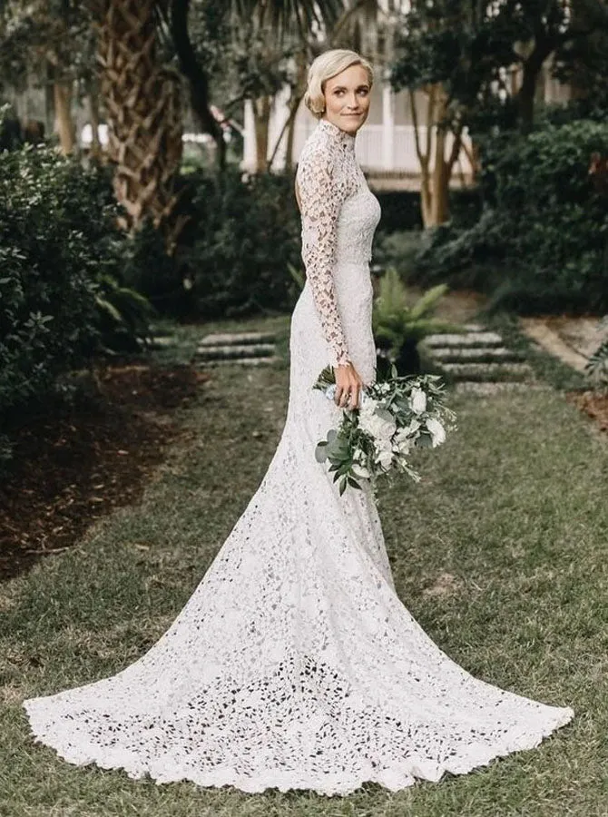 High Neck Lace Long Sleeves Wedding Dress,Fit and Flare Wedding Dress,WD00661
