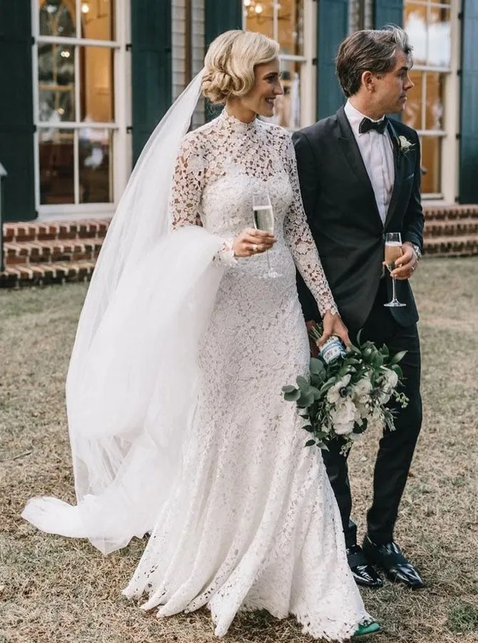 High Neck Lace Long Sleeves Wedding Dress,Fit and Flare Wedding Dress,WD00661