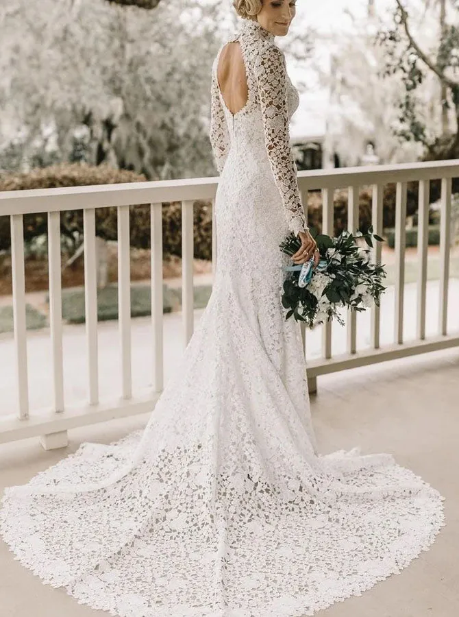High Neck Lace Long Sleeves Wedding Dress,Fit and Flare Wedding Dress,WD00661